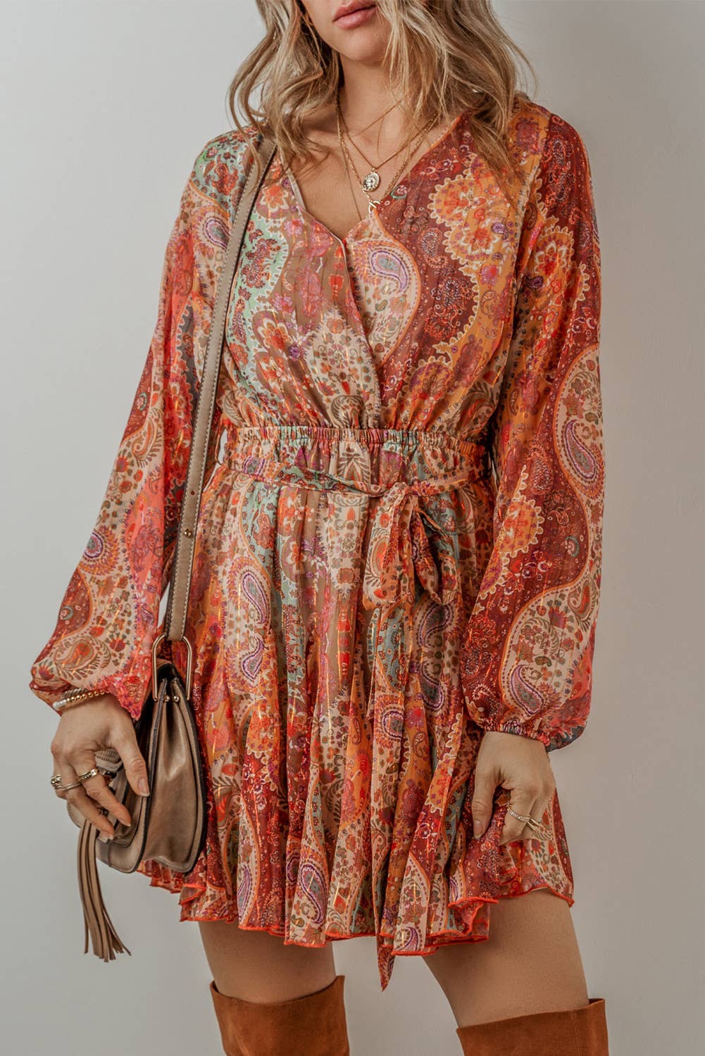 LDC Boho Paisley Print Long Sleeve Pleated Belted Mini Dress