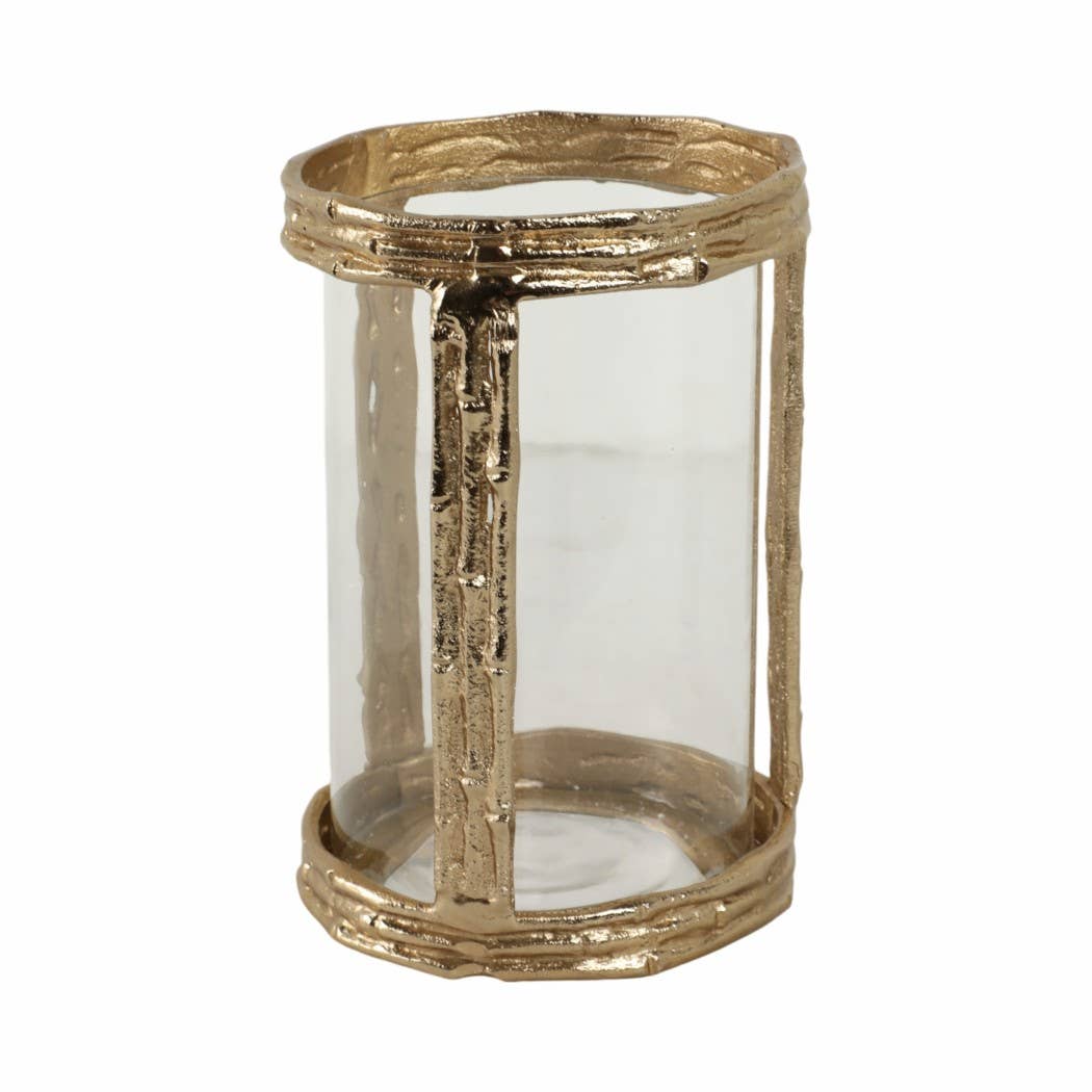 Gold 8 in. Metal Hurricane with Glass Candle Holder