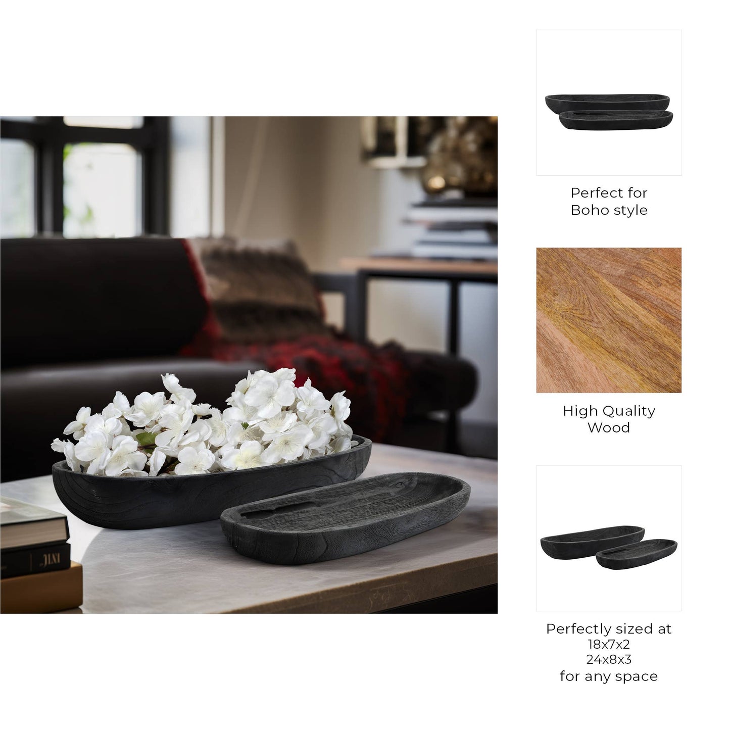 Black 18/24 in. Wood Oval Shaped Decorative Plate (Set of 2)