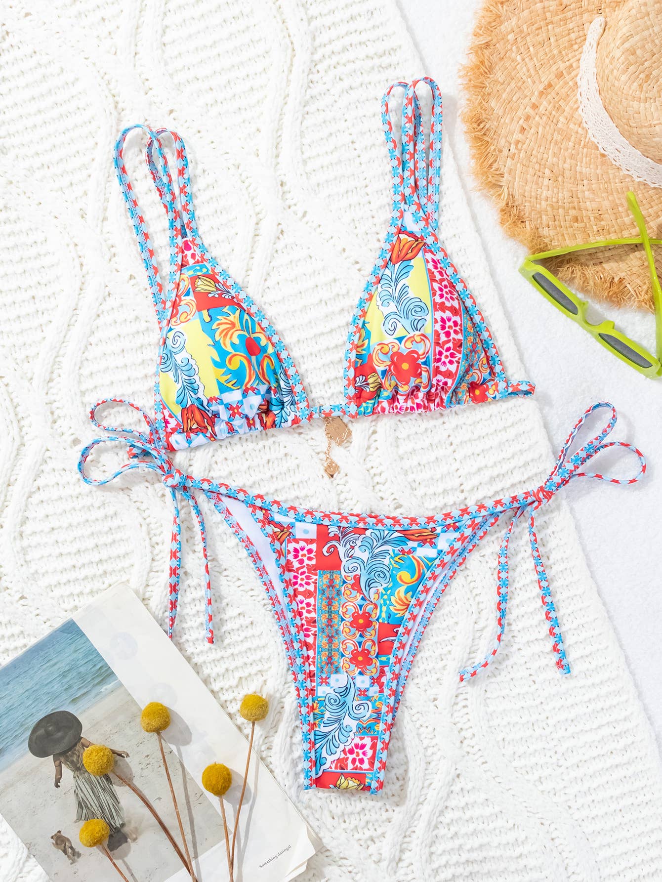 Bohemian Print Lace-Up Sexy Bikini Split Swimsuit Set