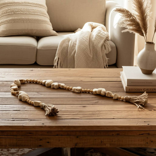 Wood Woven Heart Beaded Garland with Tassels - White, 38 in.