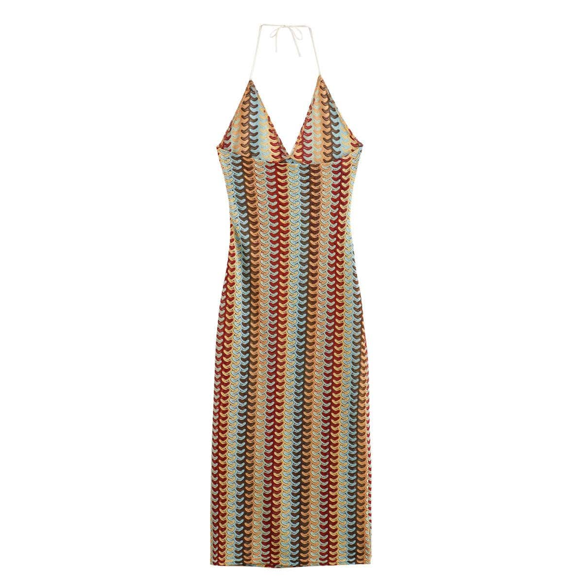 Summer Crocheted Colour-Blocked V-Neck Slip Dress