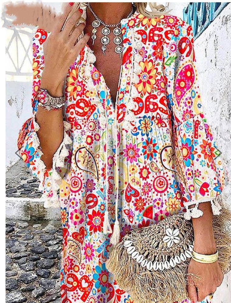 Women Print V Neck Tassel 3/4 Sleeve Shift Dress Bohemian Casual Knee Length Dress