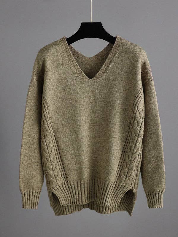 Urban Loose Solid Color V-Neck Sweater Tops& Wide Leg  Pants Suits