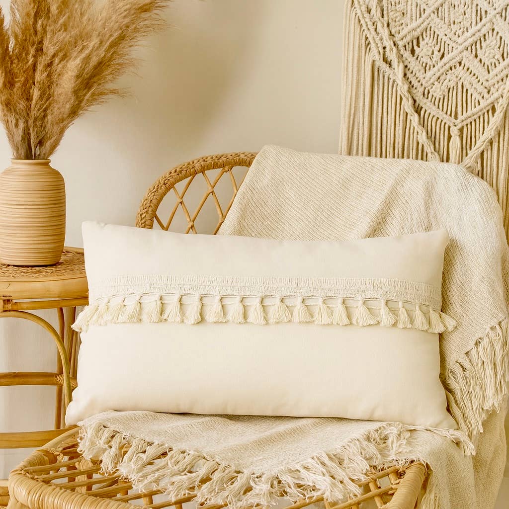 Boho Tassel Throw Pillow 12"x20" with Insert Home Decor
