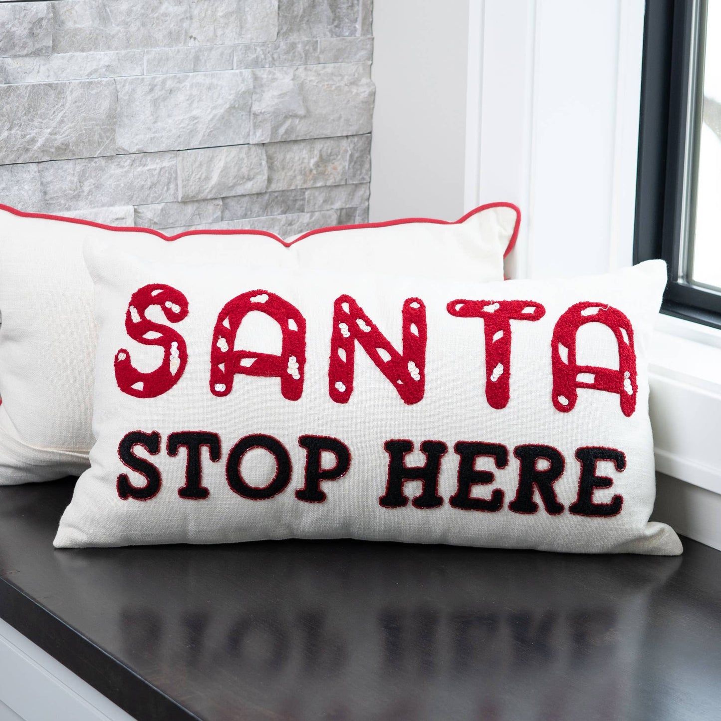 Christmas 12"x22" Santa Stop Here Embroidered Lumbar Pillow