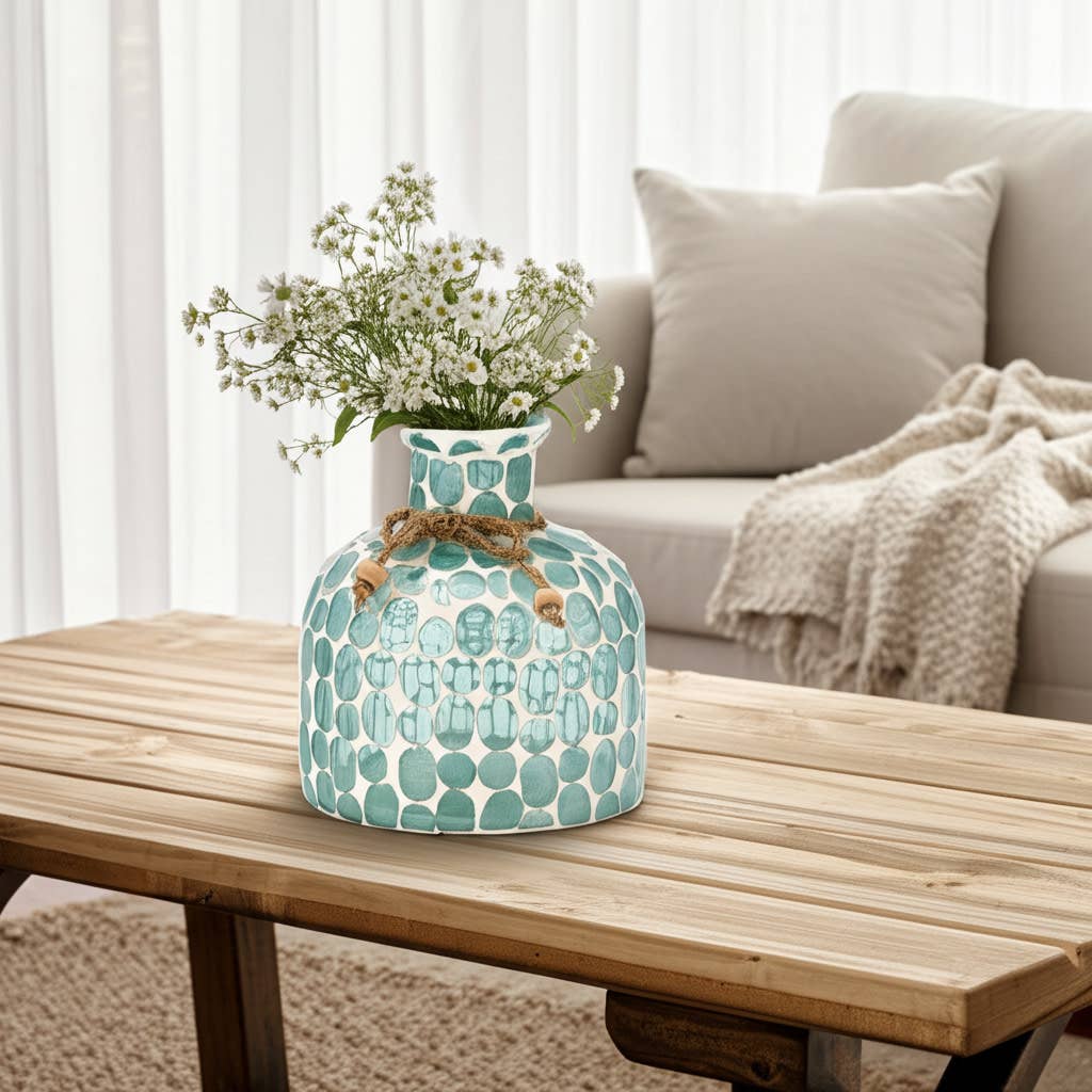 Glass Mosaic Textured Round Accents Vase - Blue, 6 in.