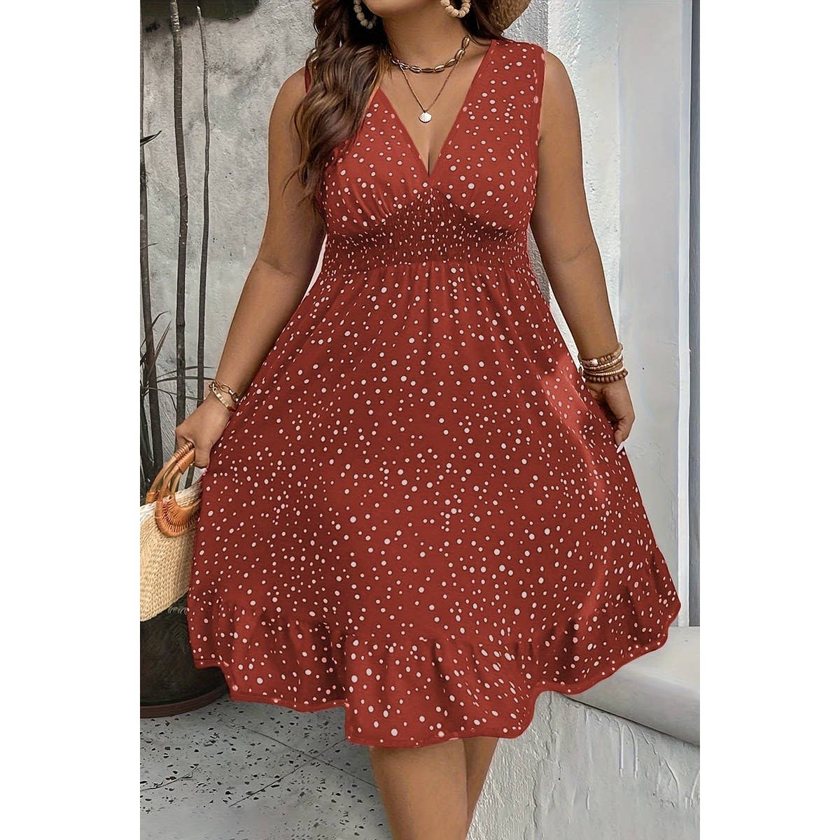Plus Polka Dot Waist Shirred Sleeveless Fit Dress