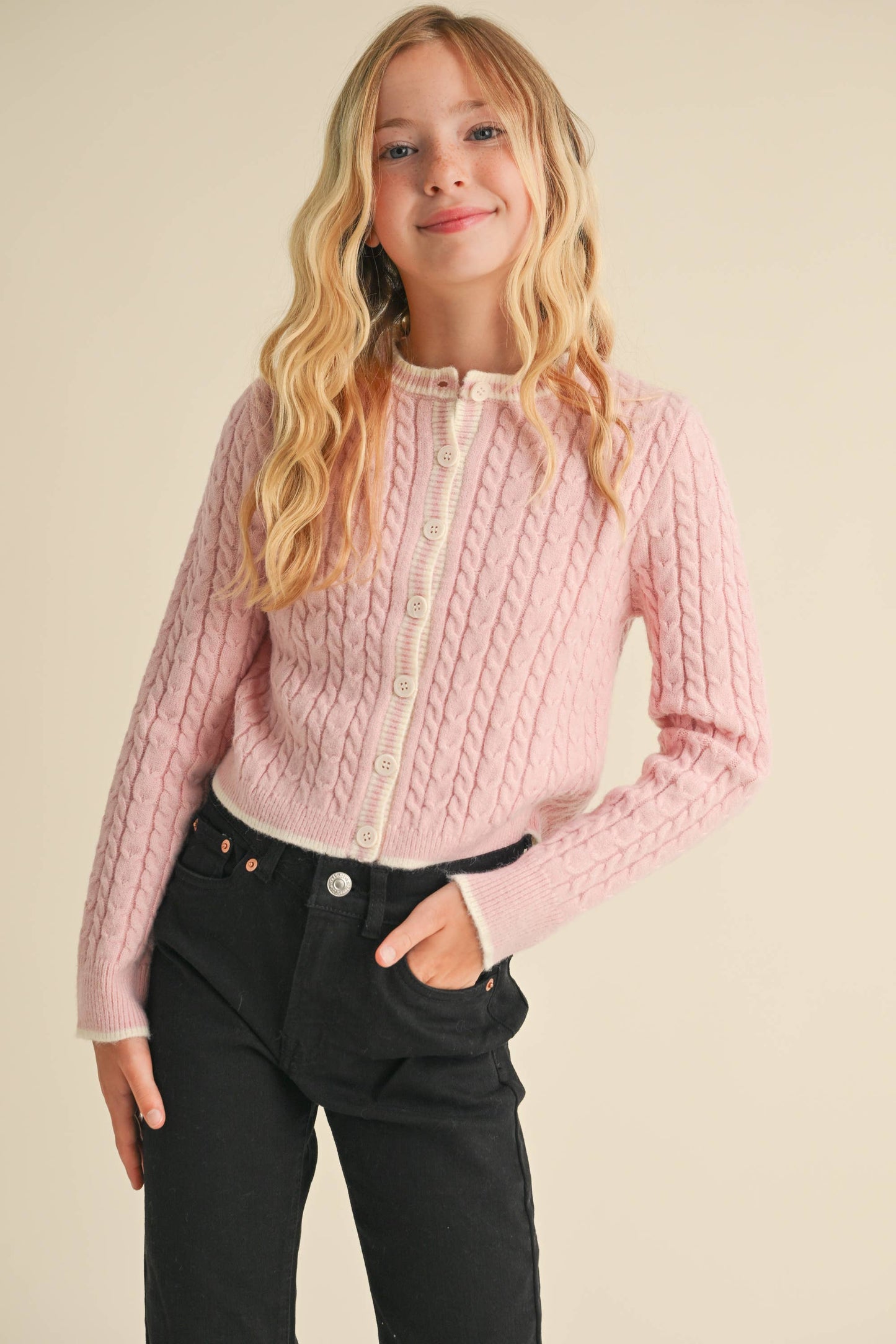 TWEEN KIDS GIRLS CREW NECK CROPPED CARDIGAN (7-14)