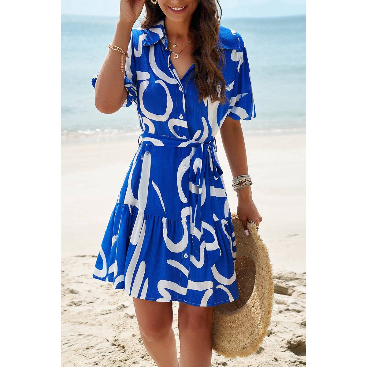 Allover Print Ruffle Front Button Open Belt Dress