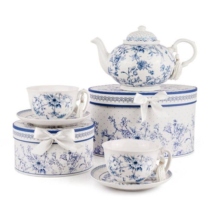 Vintage Blue Flowers Bone China Teapot in Gift Box