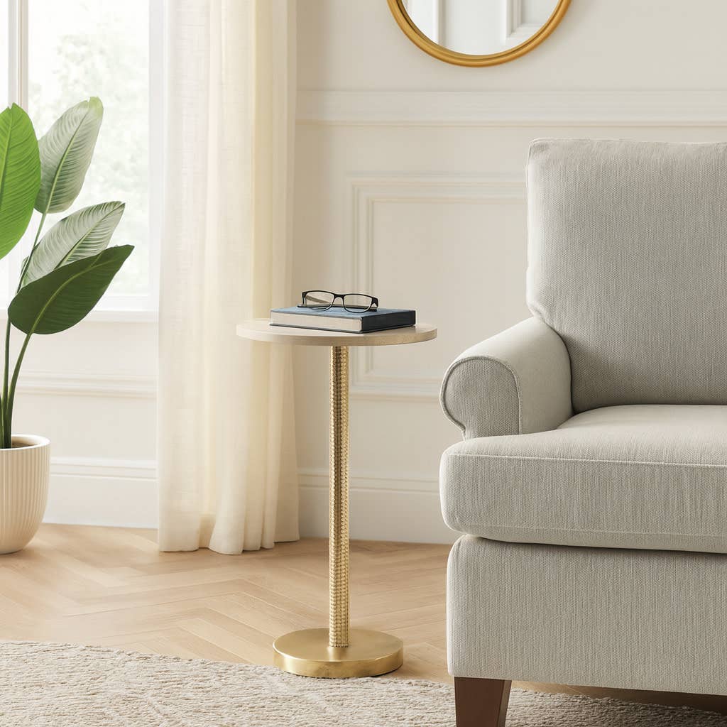 Drink Table - Ivory Marble Top Gold Metal Base, 25 in.