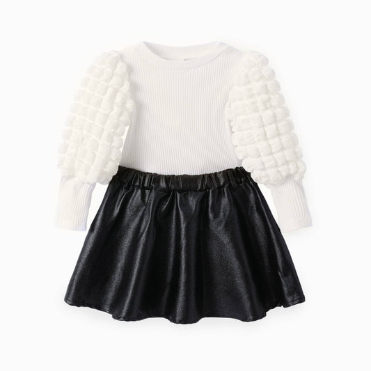 Toddler Girl 2pcs Puff-sleeve Tee and Leather Skirt Set
