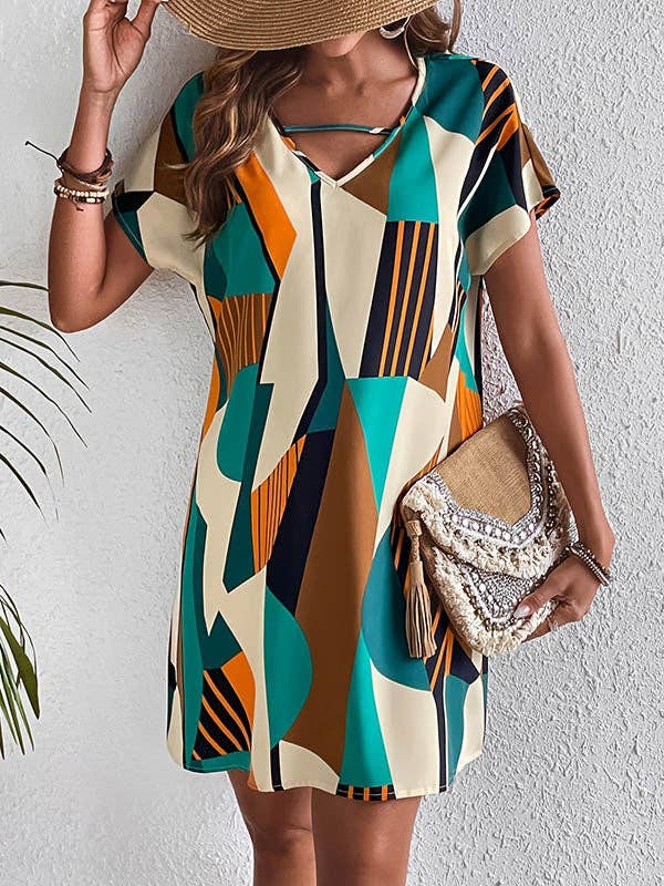 A-Line Loose Contrast Color Printed Zipper V-Neck Mini Dresses