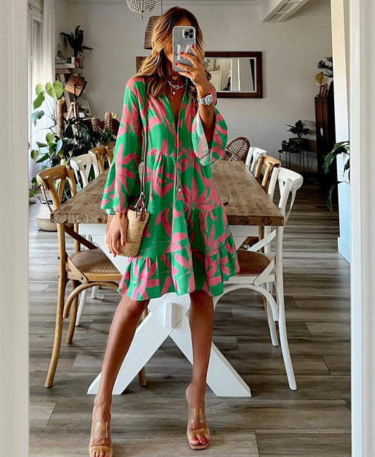 Banana Floral Buckle Ruffled Flared Sleeve Dress