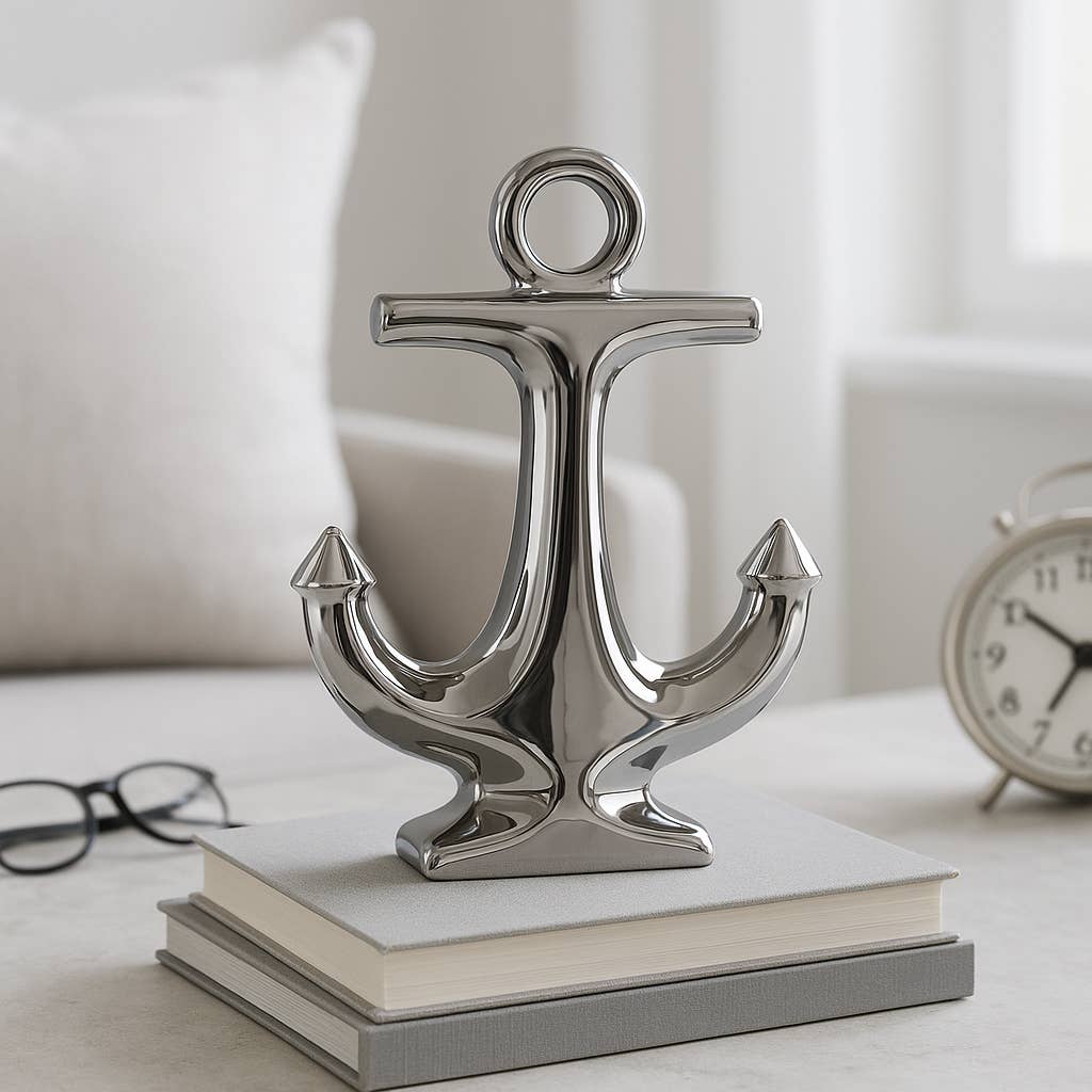 Silver 10 in. Ceramic Novelty Solid Coastal Anchor Sculpture