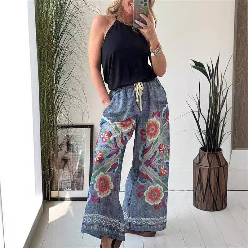 Loose Fit Leisure Pants With Denim Print Design