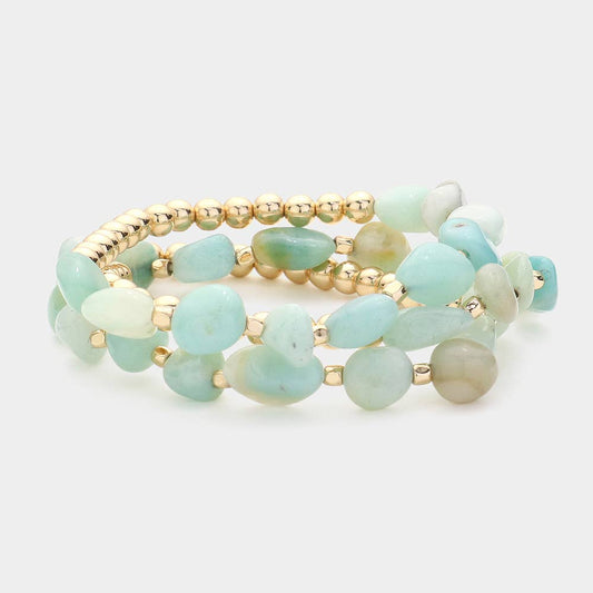 3PCS - Natural Stone Accented Metal Ball Beaded Stretch Multi Layered Bracelets