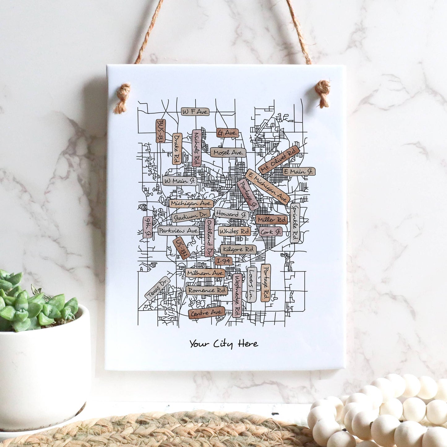 City Street Map Tile Sign - Rectangle - Custom Order