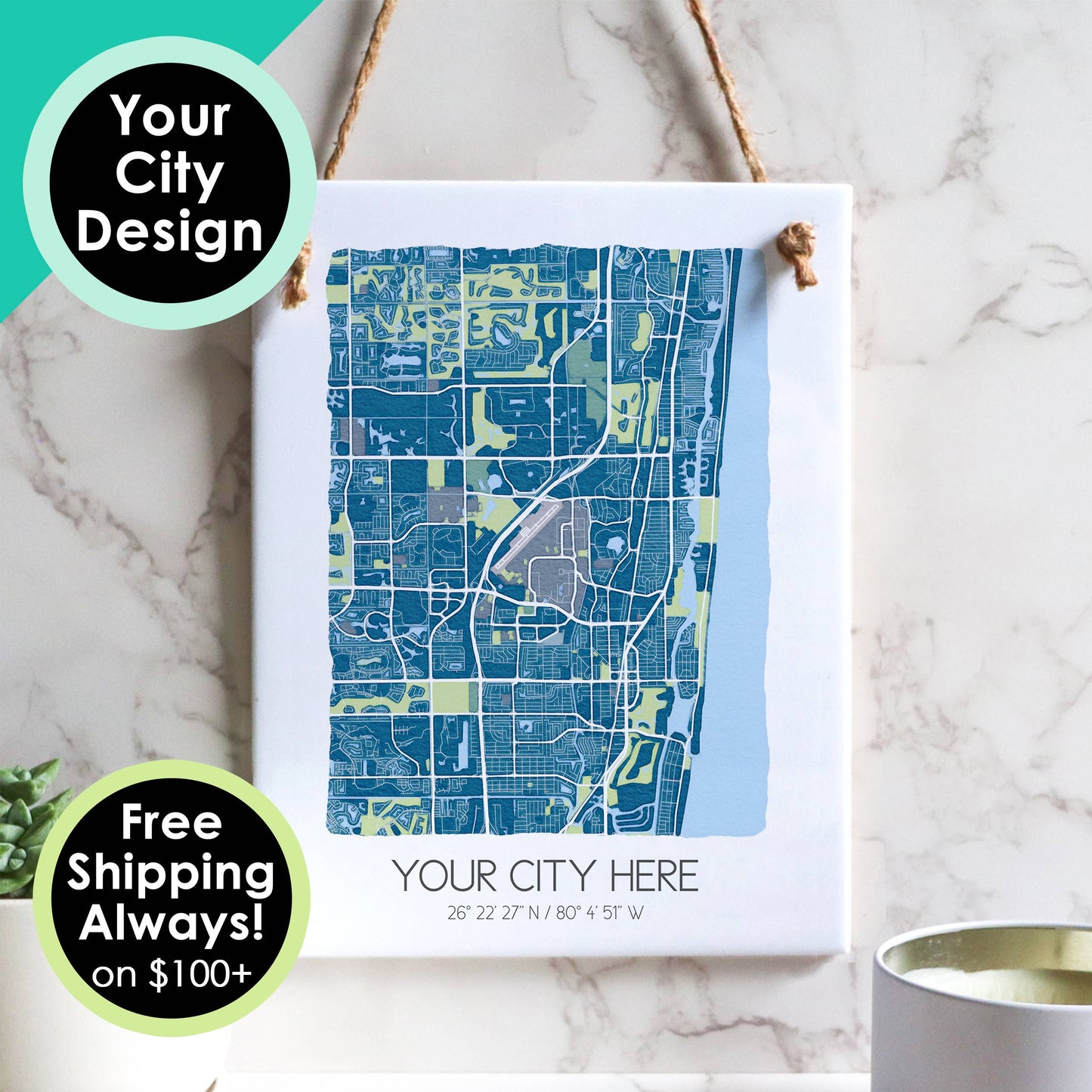 Watercolor City Map Tile Sign - Rectangle - Custom Order