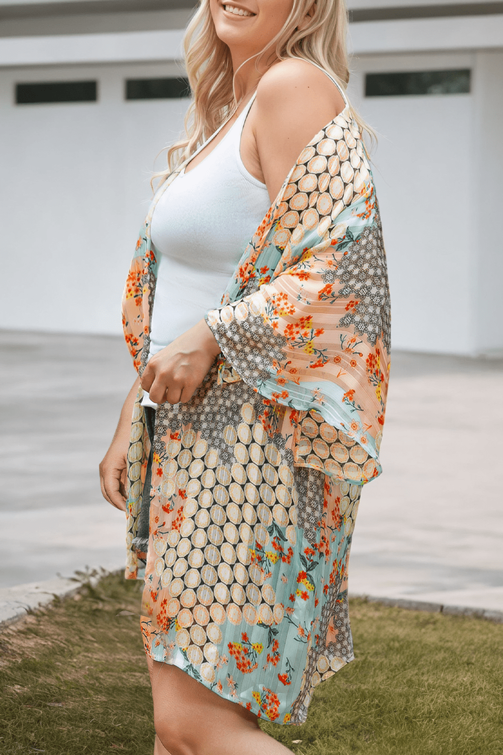 Plus Size Floral Mixed Print Open Front Kimono