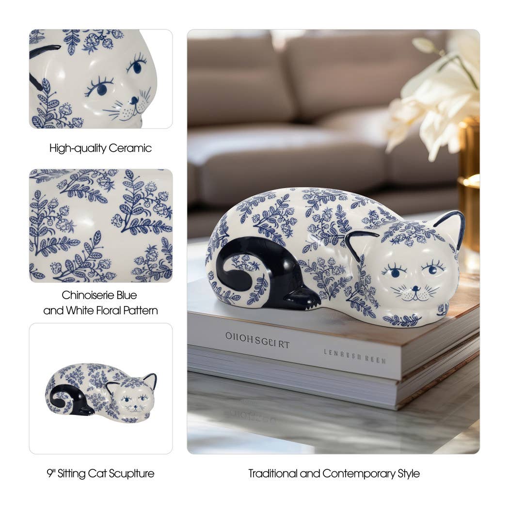 Ceramic Chinoiserie Sleeping Cat Figurine - White, 4 in.