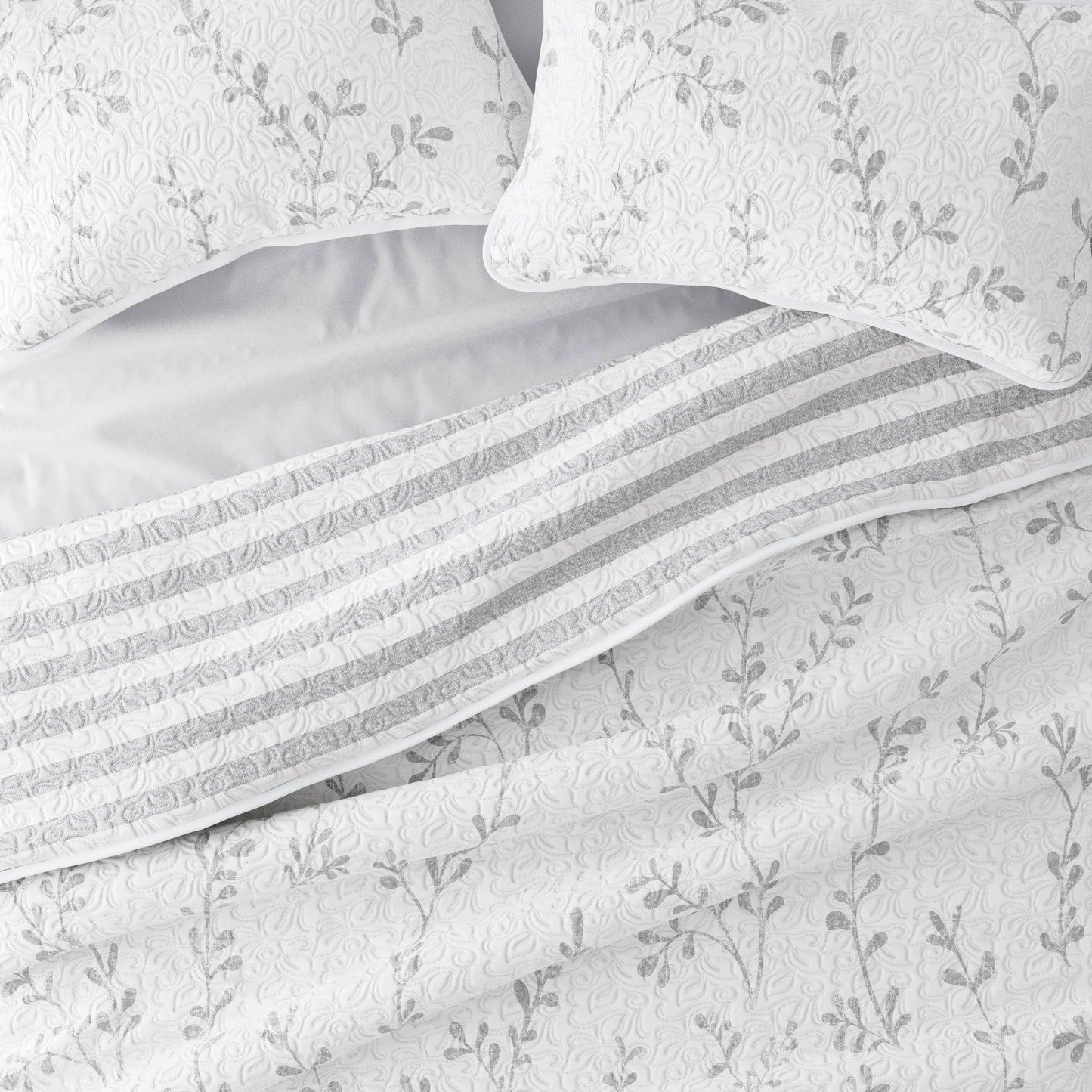 Sprouting Vines/Stripe Reversible Quilted Coverlet Set