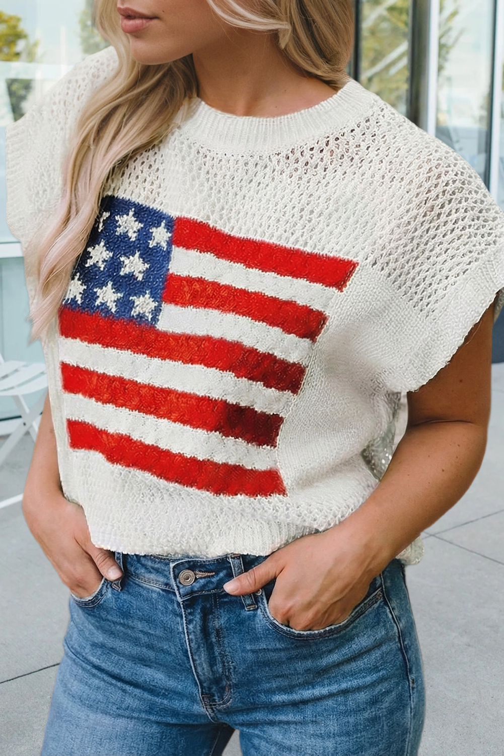 Spring Flag Graphic Short Sleeve Sweater Top (S-XL)