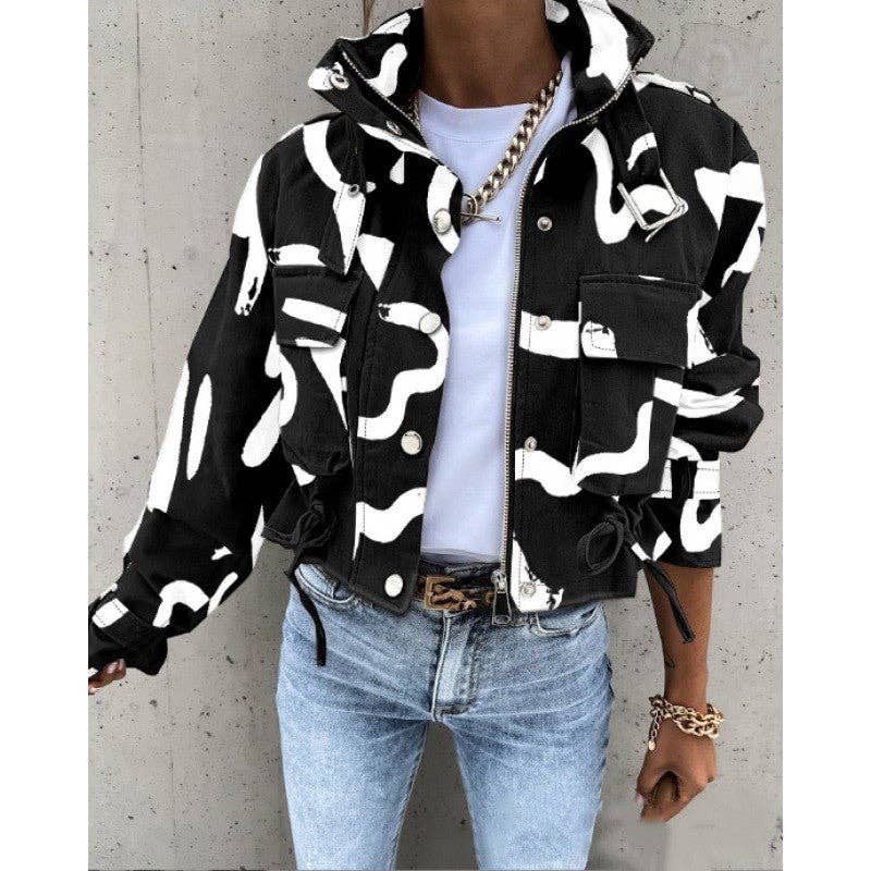 Printed Zip-Up Drawstring Short Jacket