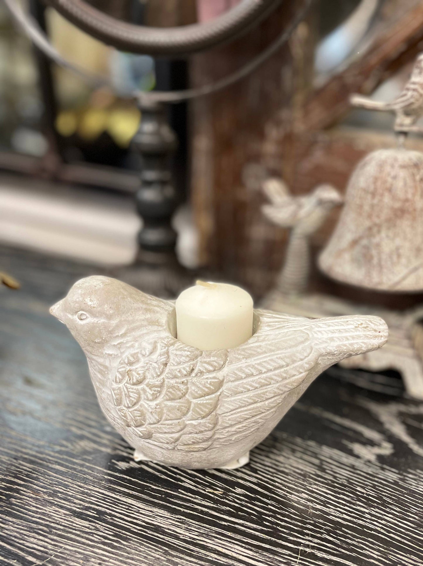 CEMENT BIRD CANDLE HOLDER - LARGE