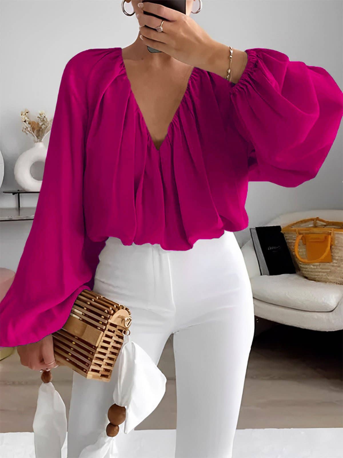 Printed V-Neck Long Sleeve Shirt Elegant Women's Loose Solid