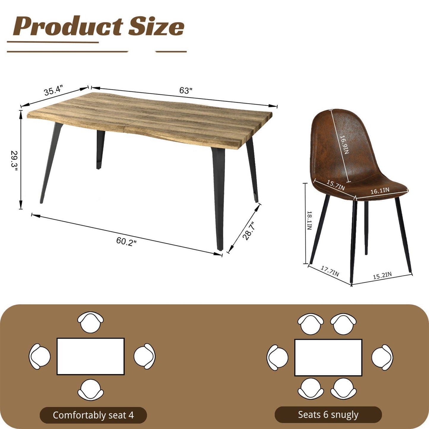 5-Piece Dining Set-63" Wave-Edge Wal Table and Chair Options