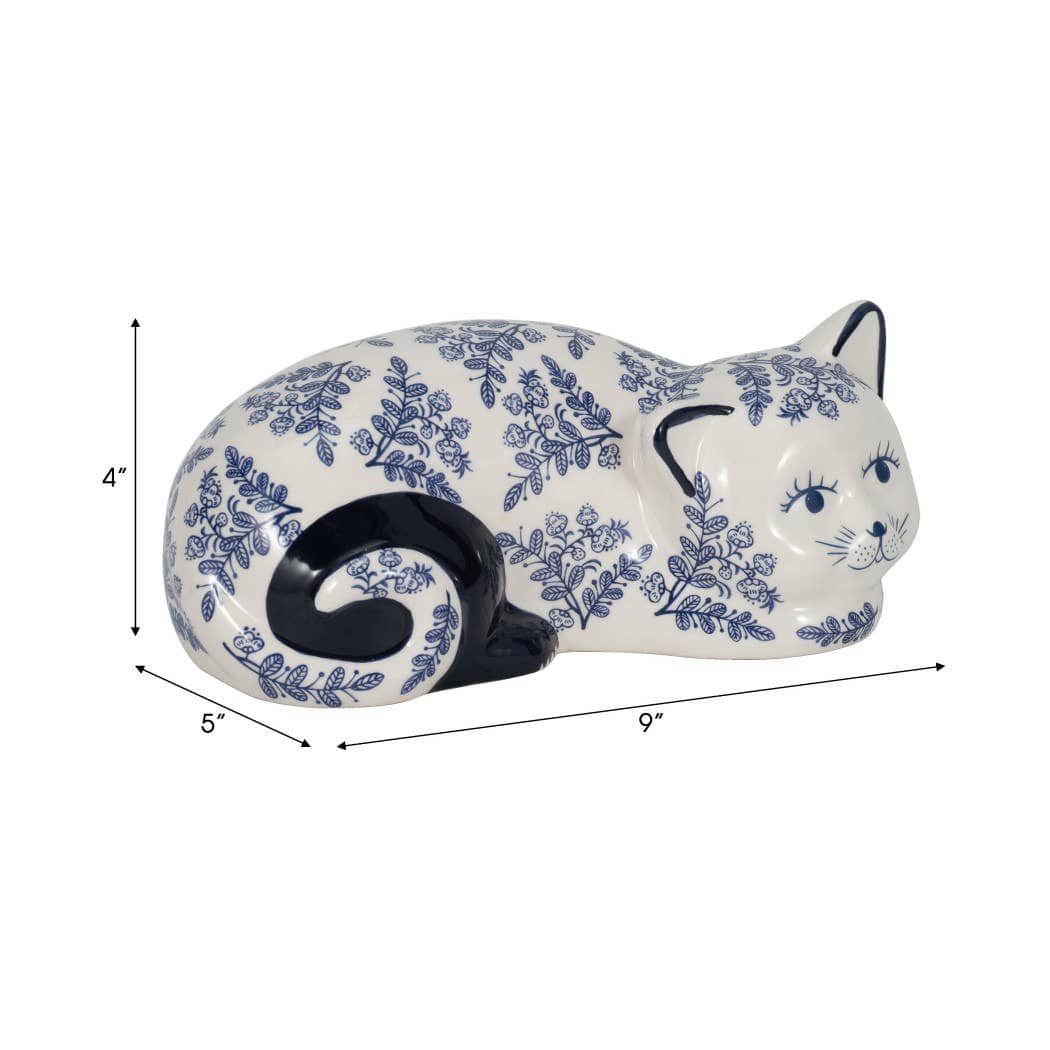 Ceramic Chinoiserie Sleeping Cat Figurine - White, 4 in.