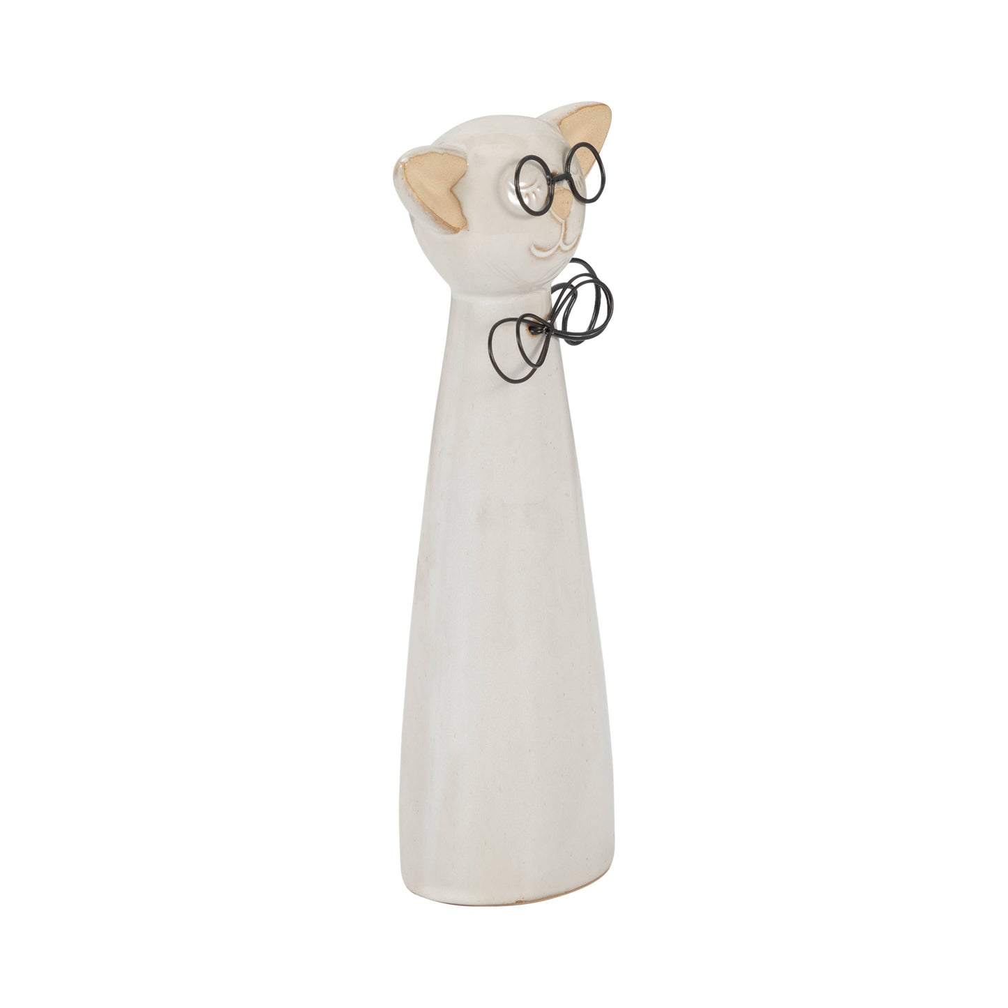 Ceramic Cat Figurine with Glasses and Bow - White, 11 in.