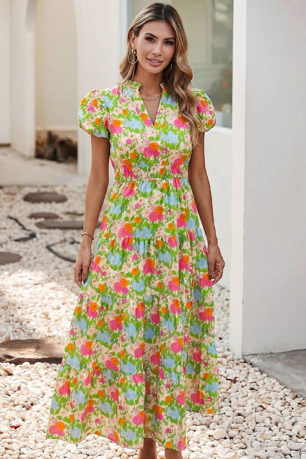 LDC Floral Print V Neck Short Puff Sleeve Maxi Dress