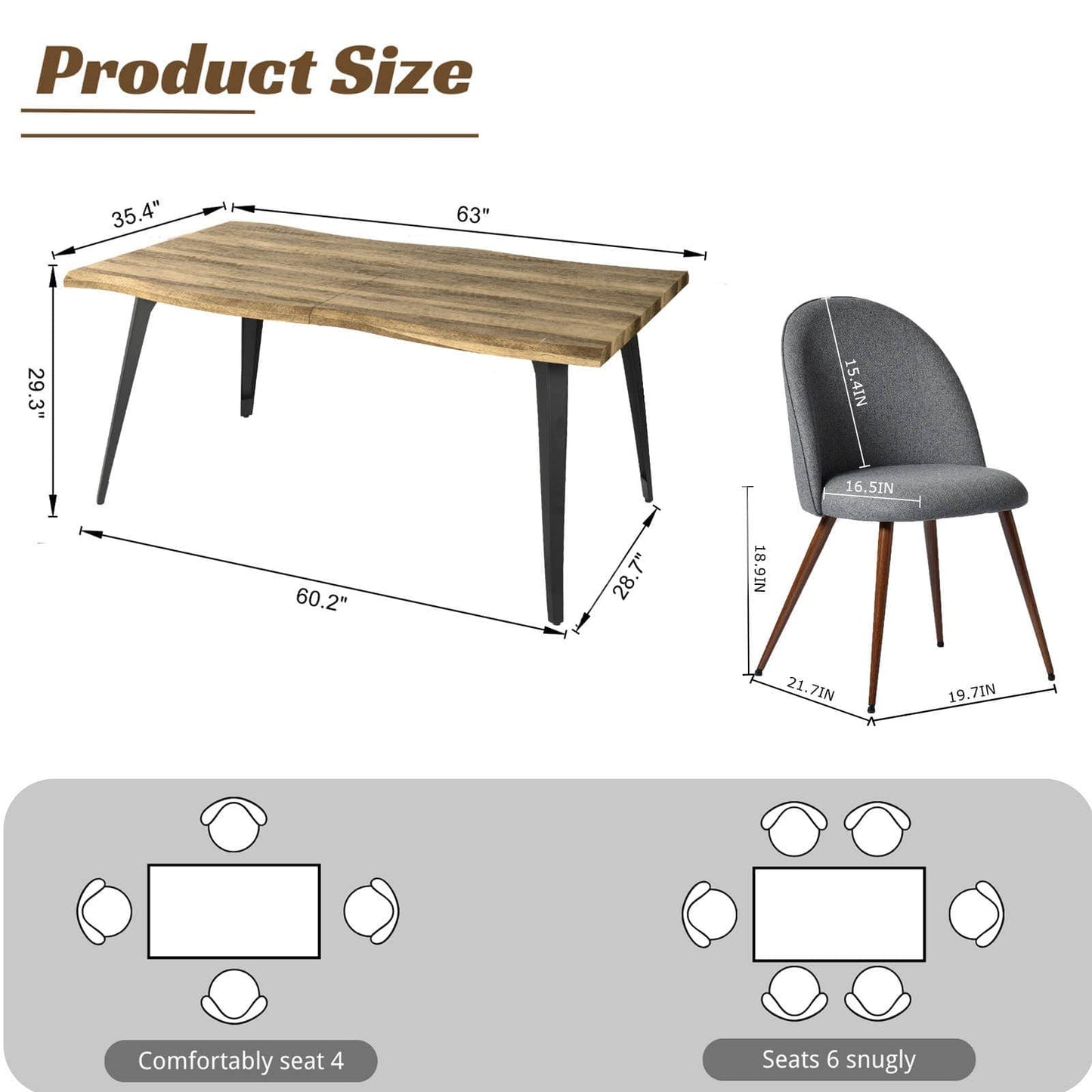 5-Piece Dining Set-63" Wave-Edge Wal Table and Chair Options