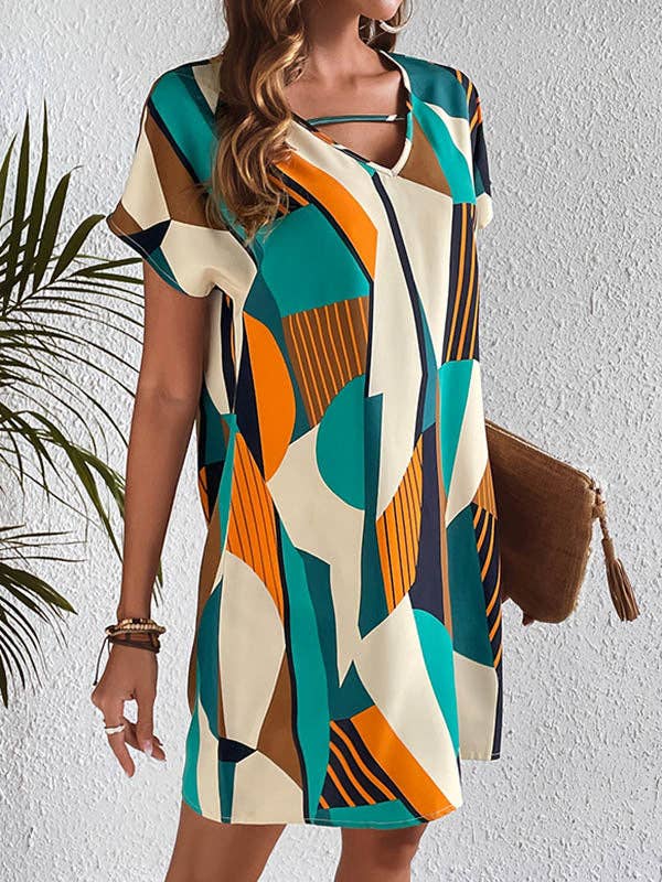 A-Line Loose Contrast Color Printed Zipper V-Neck Mini Dresses