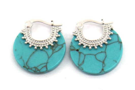 Turquoise Circle Cutout Huggie in 14K White Gold