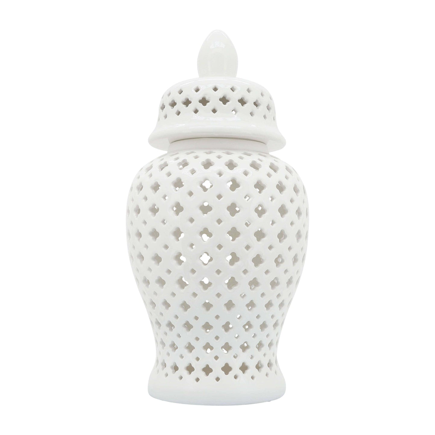 Decorative Temple Jar - White Ceramic Cut-out Clover, 24 in.
