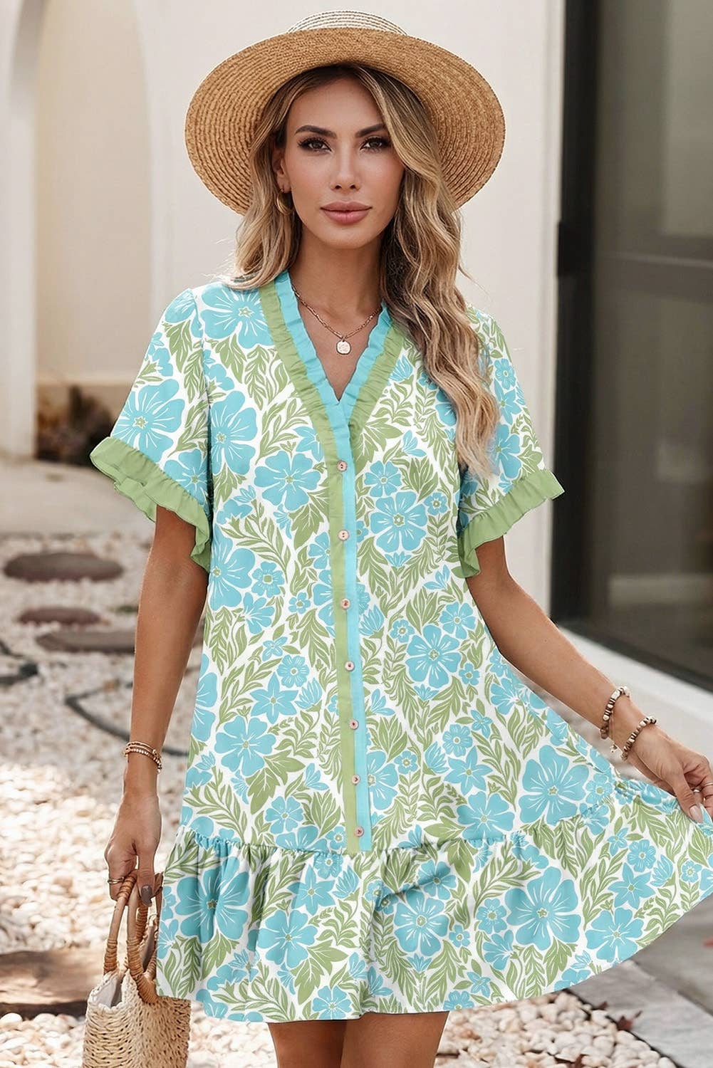 LDC Botanical Floral Print Frilled Trim V Neck Button Front
