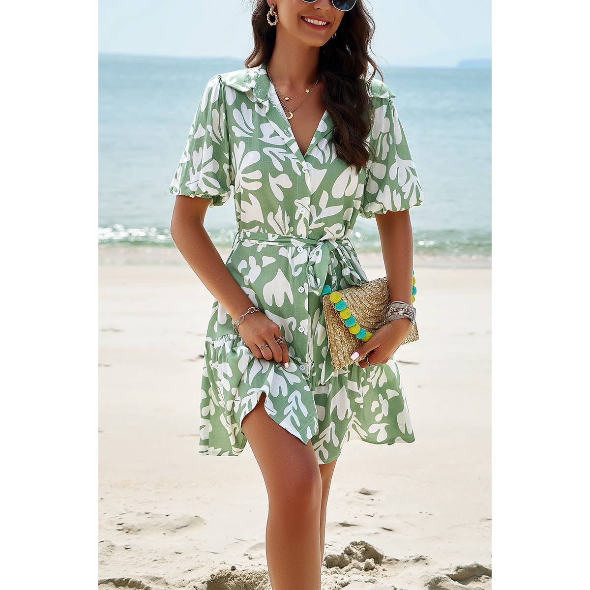 Allover Print Ruffle Front Button Open Belt Dress