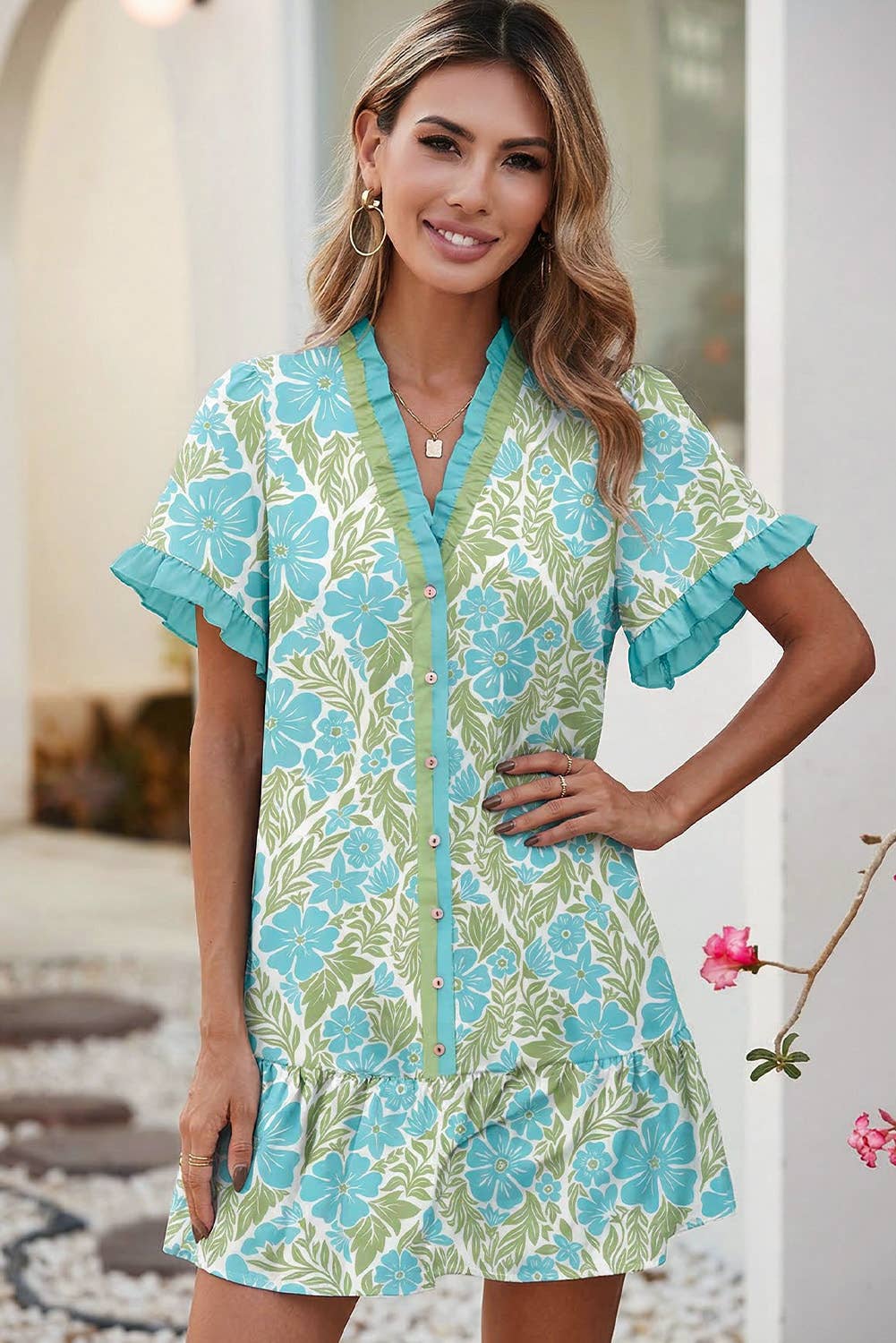 LDC Botanical Floral Print Frilled Trim V Neck Button Front
