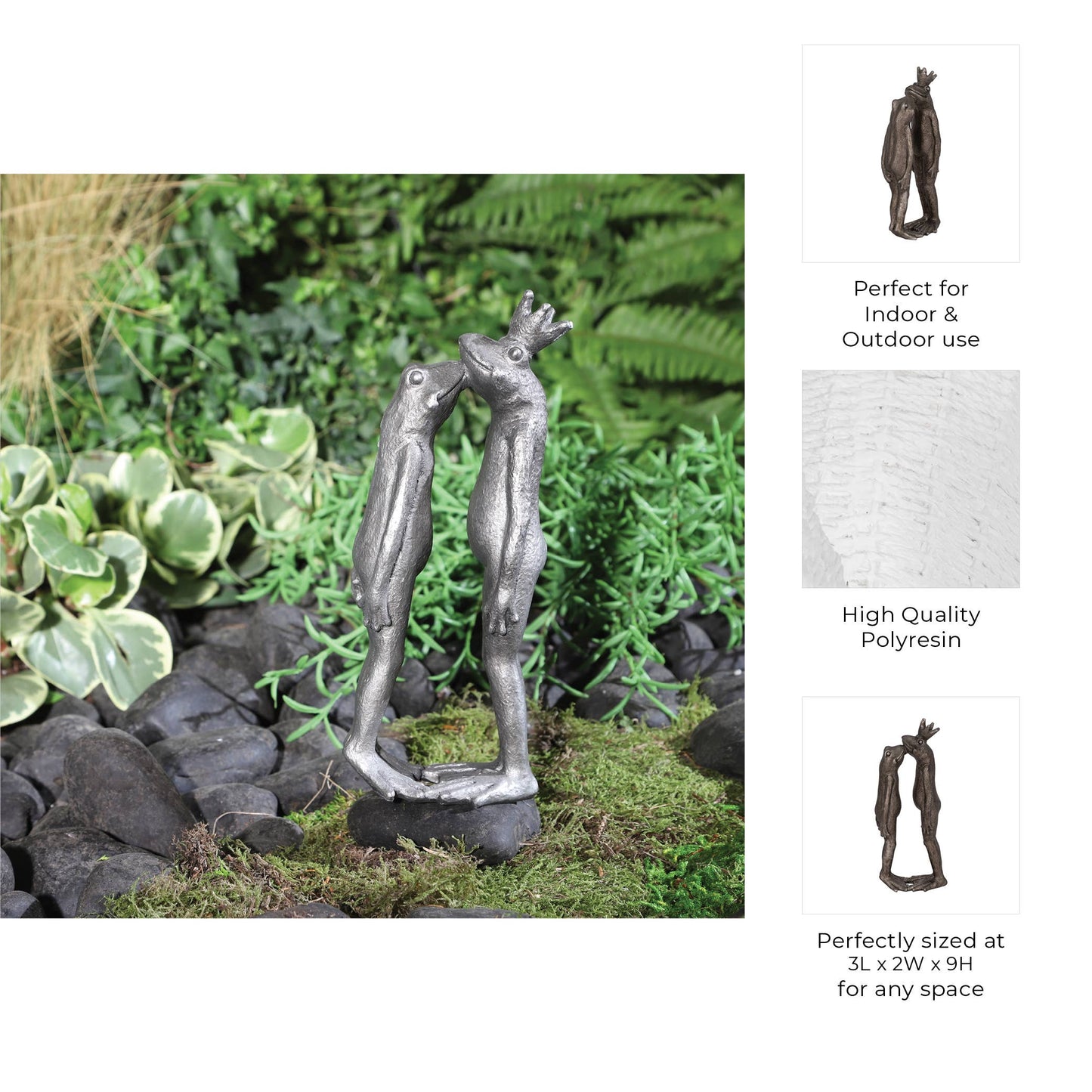 Resin Whimsical Kissing Frogs Figurine - Silver, 9 in.