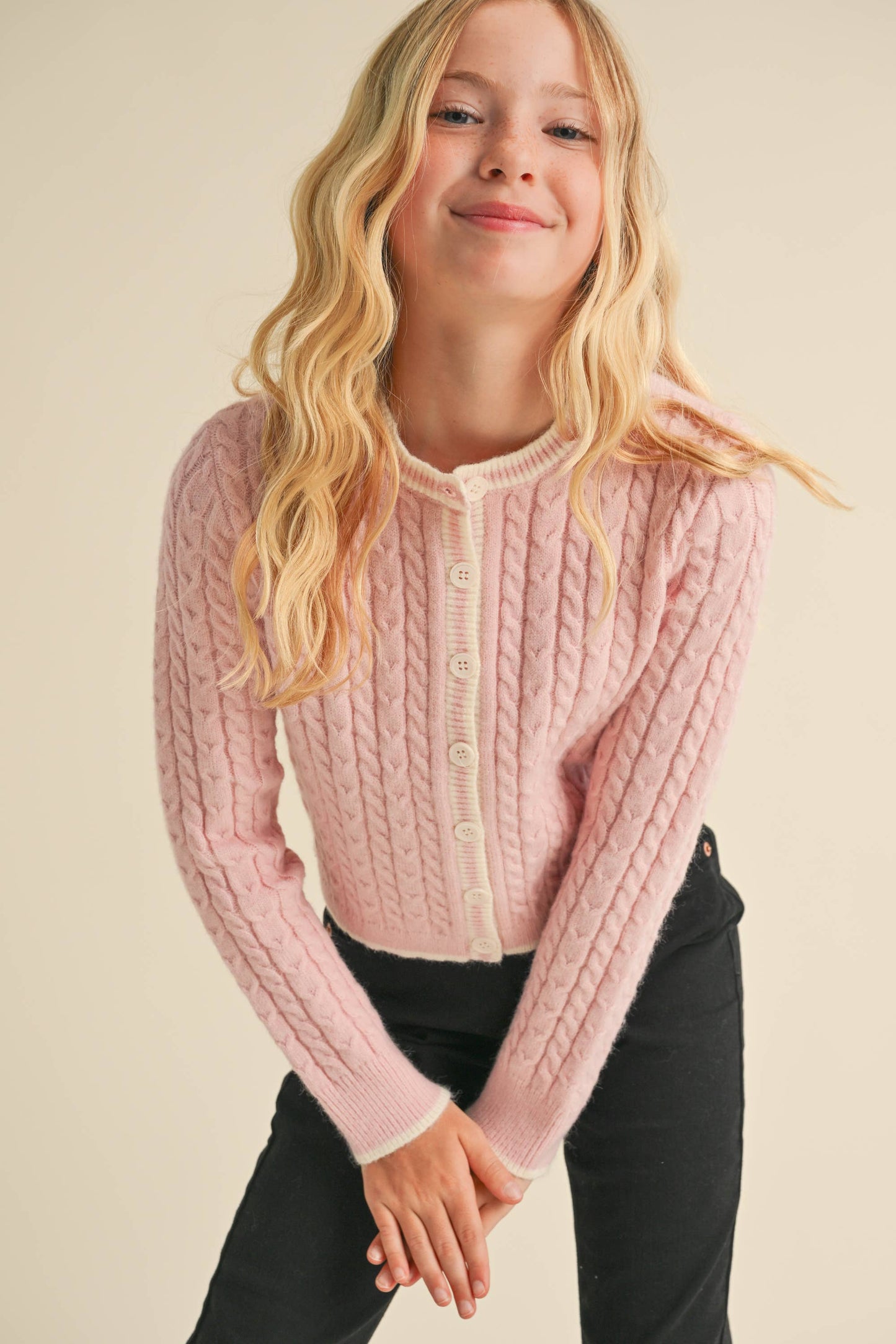 TWEEN KIDS GIRLS CREW NECK CROPPED CARDIGAN (7-14)