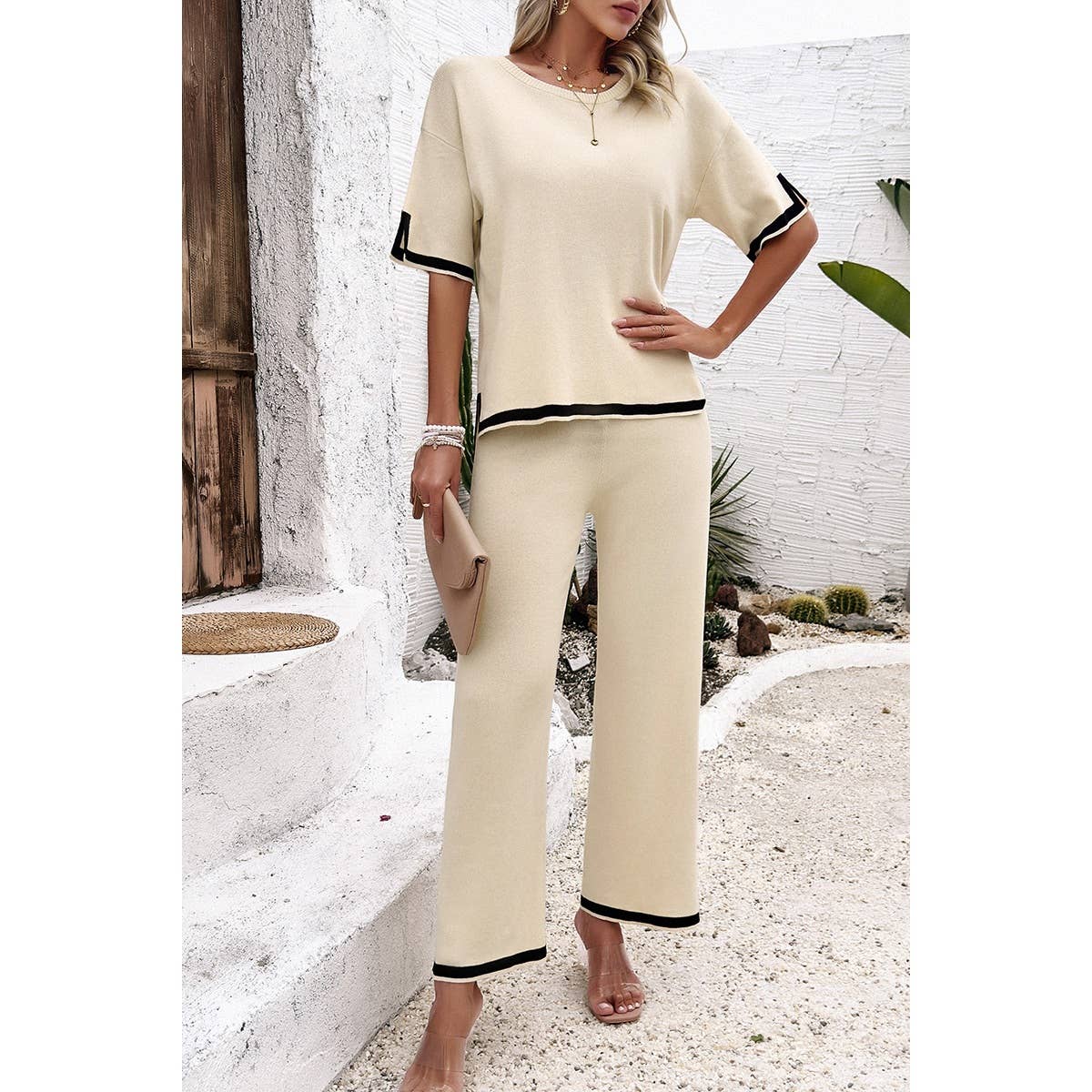 Two Pieces Round Neck Fit Blouse And Pants Sets