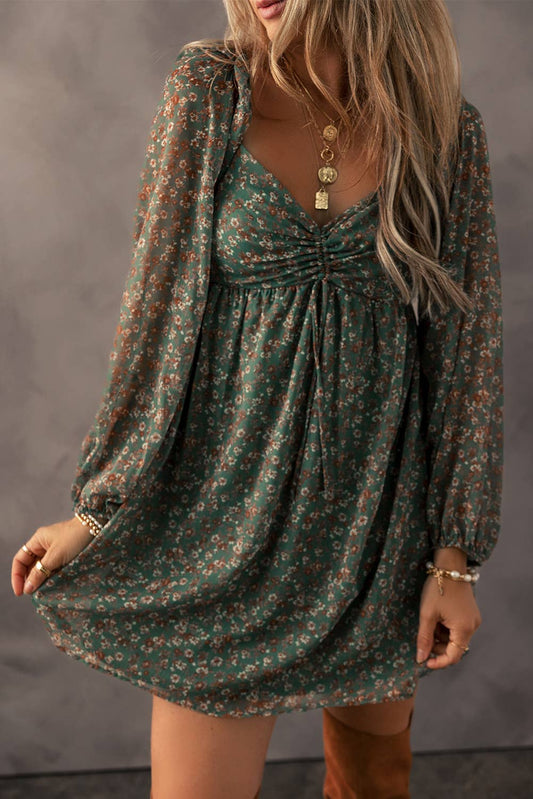 LDC Drawstring Ruched Sweetheart Neck Floral Mini Dress