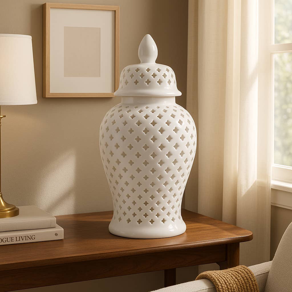 Decorative Temple Jar - White Ceramic Cut-out Clover, 24 in.