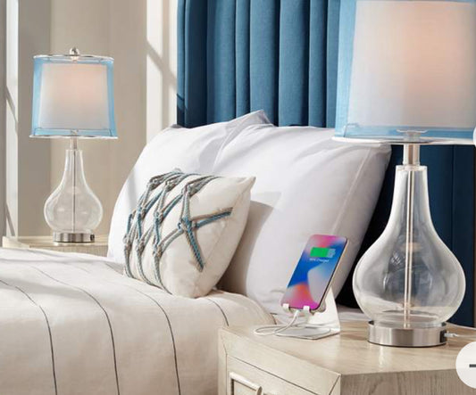 Set of 2 Glass lamps w/Blue Shades