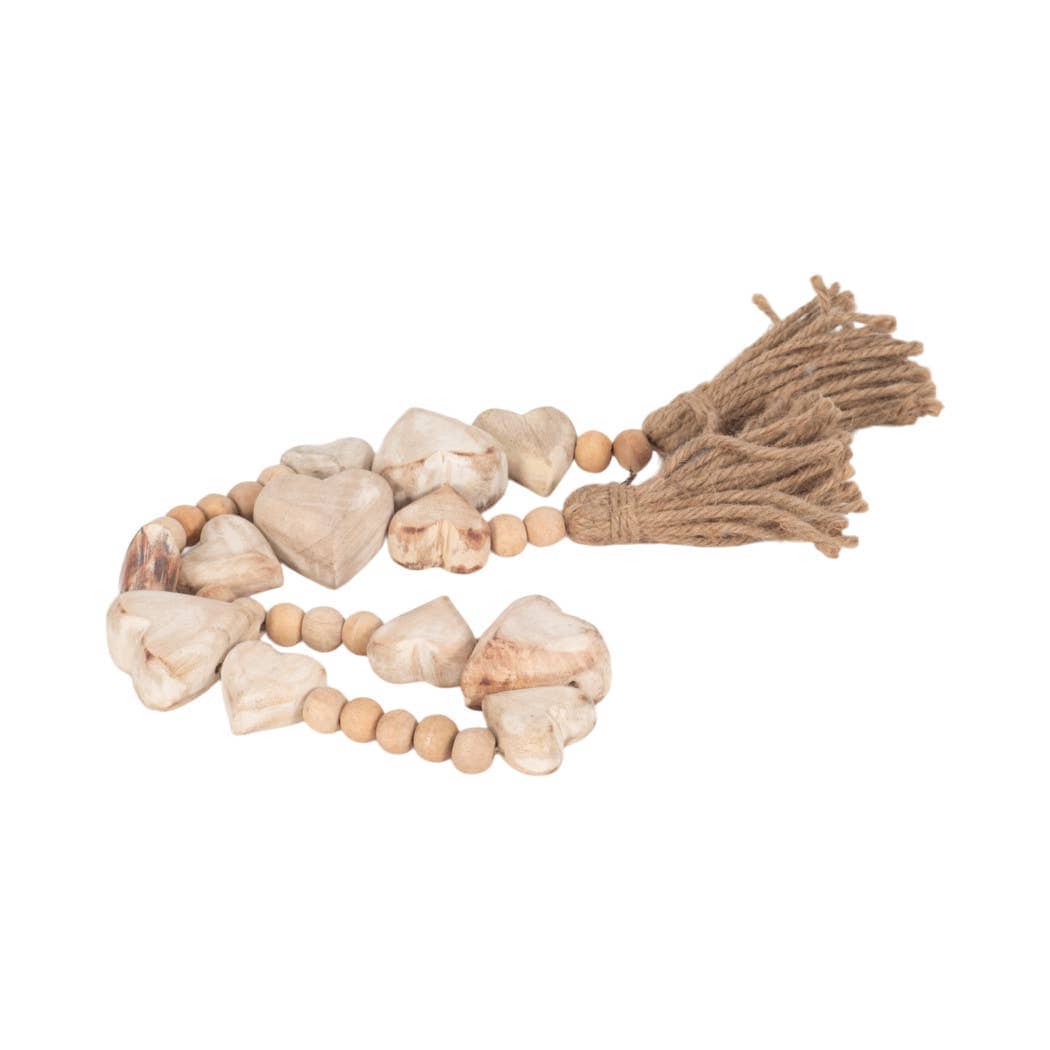Wood Woven Heart Beaded Garland with Tassels - White, 38 in.