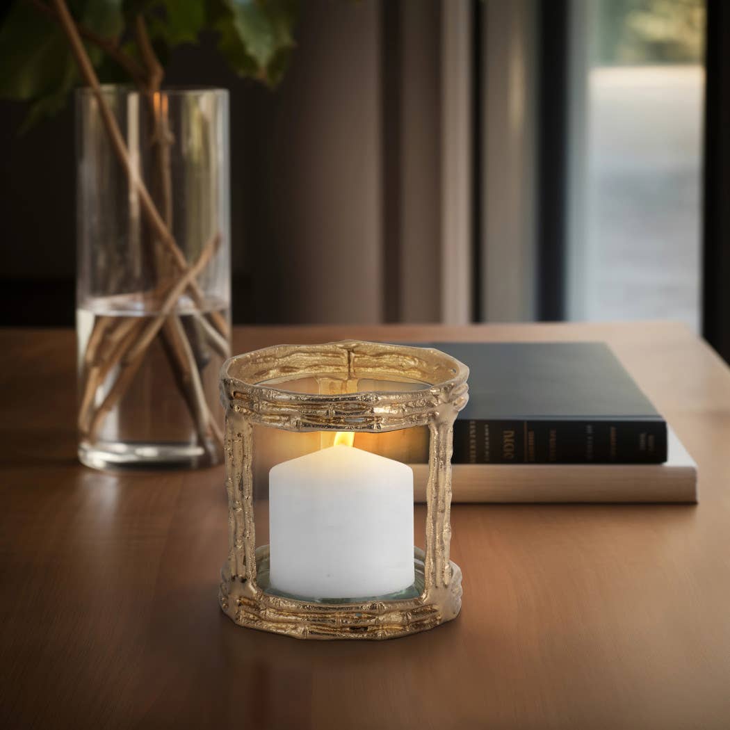 Metal Glass Modern Hurricane Candle Holder - Gold, 6 in.